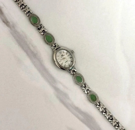 Vintage silver Women green gemstone watch