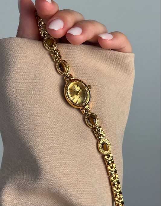 Vintage tiger eyes gold women Watch