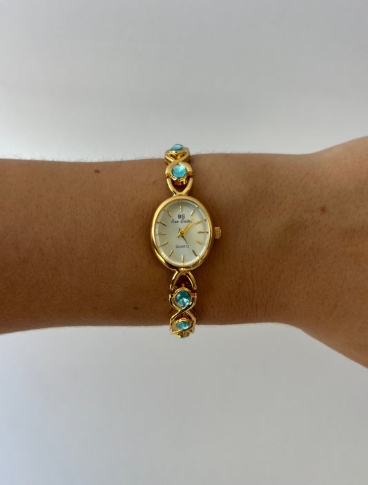 Vintage gold and silver watch, Dainty Blue Gemstone women watch