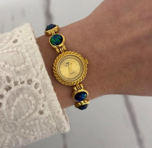 Vintage gold blue stones abalone watch