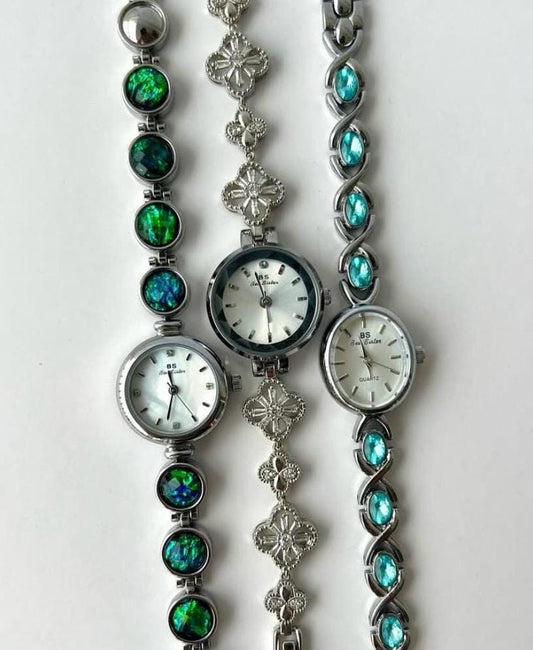 Vintage dainty silver watch, Women Watch gemstone