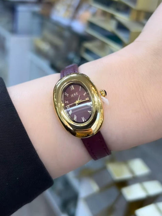Burgundy Vintage watch for women, luxury leather watch